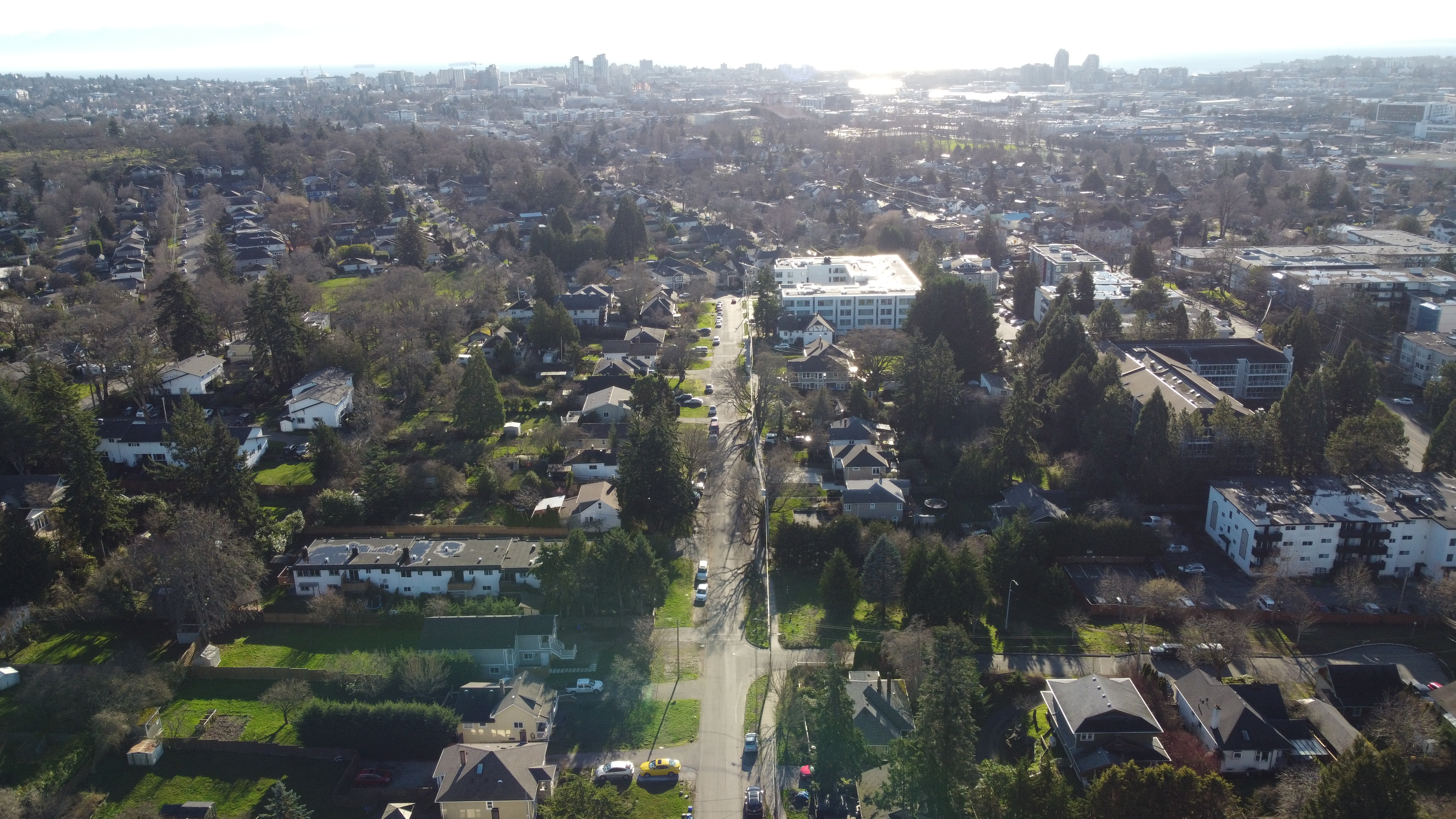 Elevated view looking toward downtown Victoria, with the Linwood Avenue site visible mid-left